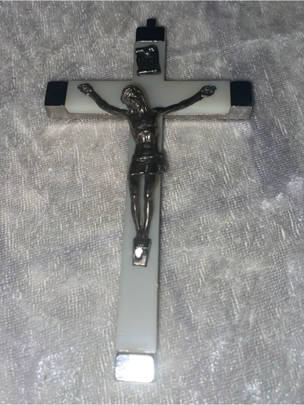 Vintage White and Silver Pectoral Glow in the Dark Design Crucifix Pendant